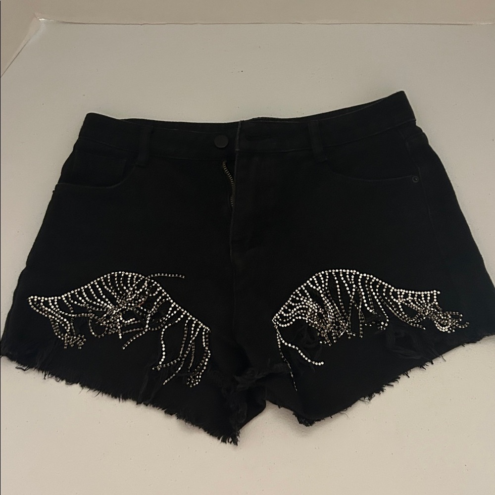 Black Denim Shorts with Rhinestone Detail XL